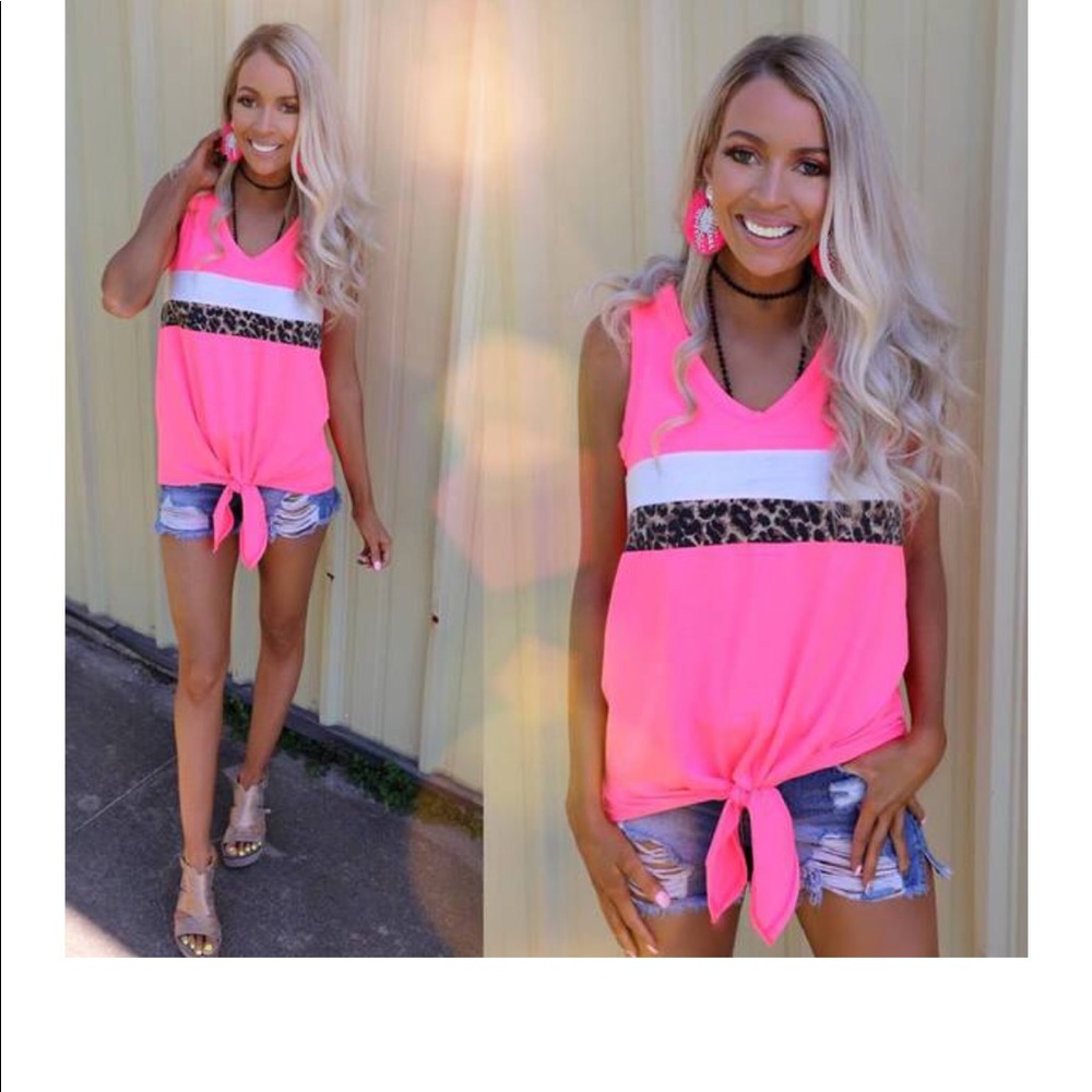 Neon pink leopard tank top with front knot